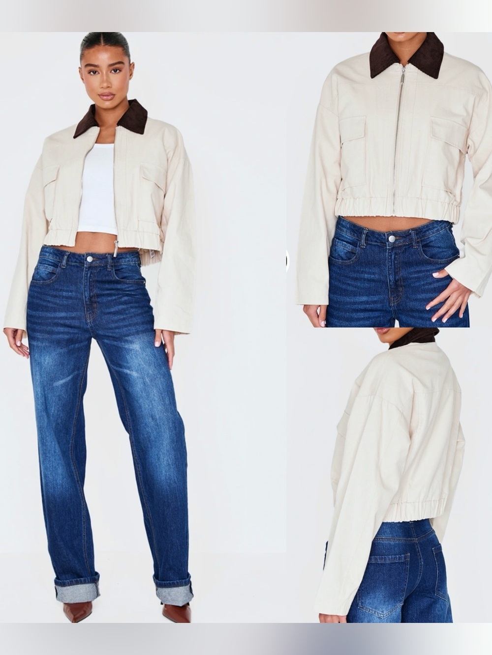 PrettyLittleThing Cream Cropped Jacket with Brown Collar Size XL New with Tags